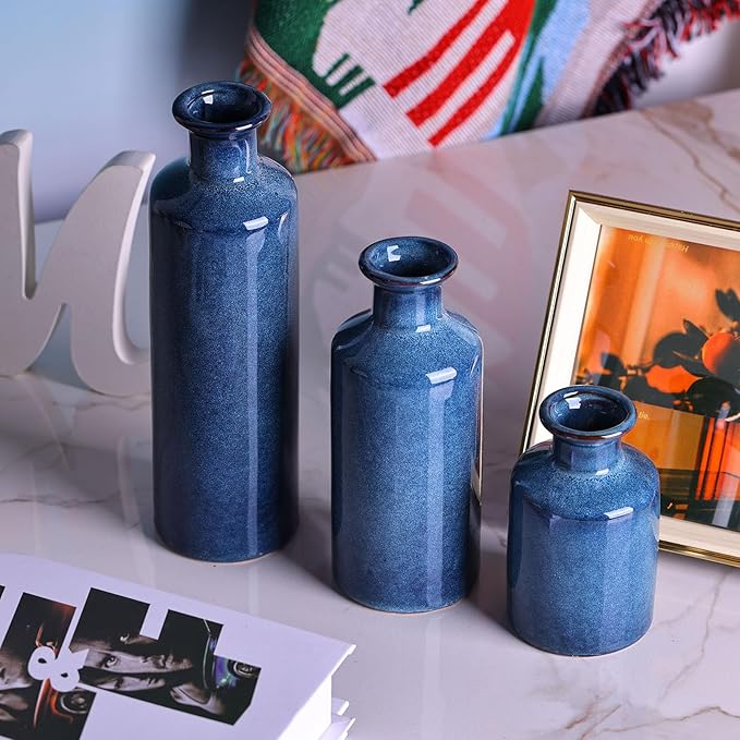 Navy Blue Ceramic Vases Set 3,Modern Farmhouse for Home Decor Bottles,Small Rustic Terracotta Vase for Living Room,CoffeeTable Centerpieces,Fireplace,Entrance,Bookshelf,Dark Blue Coastal Decor