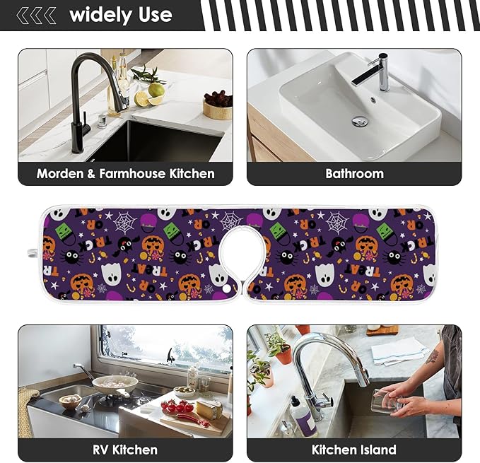 Happy Halloween Purple Faucet Sink Mat for Kitchen 2 Pack Spooky Ghost Pumpkin Bat Witch Bathroom Drying Mat Absorbent Splash Water Catcher Mats Microfiber Cloth Drip Protector Splash Pad 14x5 Inches