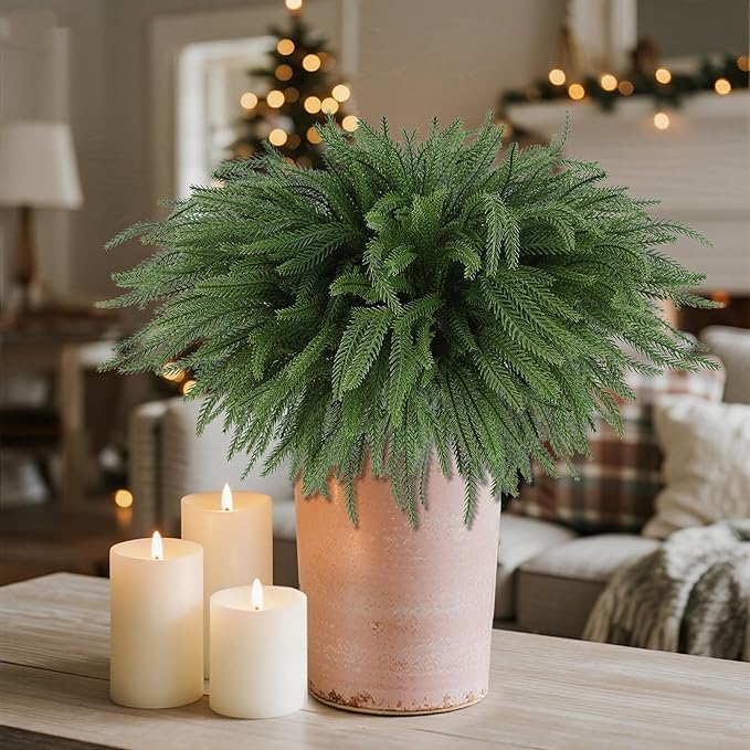 DR.DUDU 16 Pack Norfolk Pine Stems - 18" Real Touch Artificial Christmas Greenery Stems for Vase Fillers, Fake Pine Branches Christmas Decorations for Indoor Home, Table Centerpieces and Xmas Décor