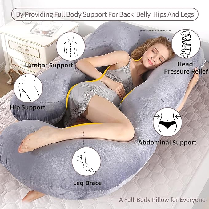 60 Inch Full Body Pregnancy Pillows for Sleeping Cooling Pregnancy Pillow,U Shaped Pregnancy Body Pillow,Maternity Pillows for Pregnant Women with Removable Washable Velvet Cover.(Grey)
