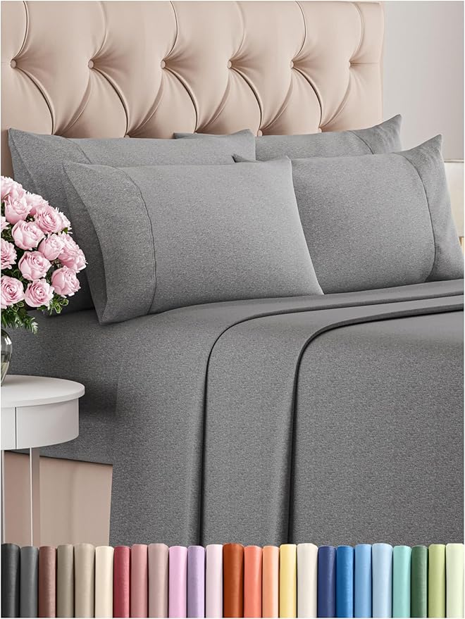 CGK Linens Queen 6 Piece Sheet Set - Cooling Sheets for Hot Sleepers - Hotel Luxury Bedding Set with 8-16 Inch Deep Pockets - 1 Flat & 1 Fitted & 4 Pillowcases - Soft & Wrinkle Free - Heathered Grey