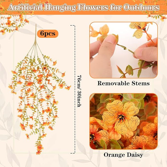 6 Pcs Artificial Fall Hanging Flowers Outdoor Silk Mum Plants Autumn Decor Faux Violet with Eucalyptus Realistic UV Resistant Trailing Vine Thanksgiving Porch Yard(Warm Color,Violet)