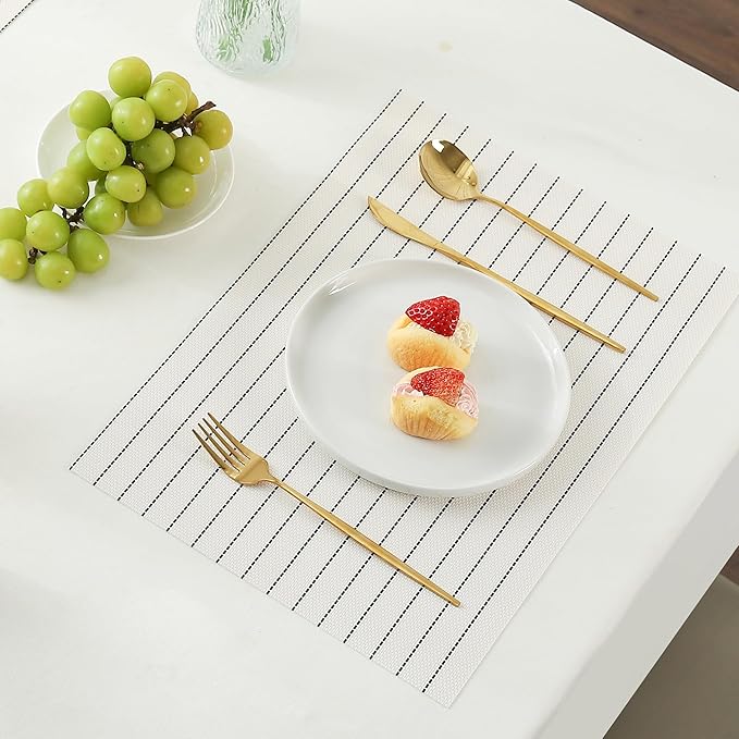 Leetaltree White with Black Stripes Placemats Set of 6 - Heat Resistant Non-Slip Place mats for Dining Table, Washable Durable PVC Vinyl Woven Table Mats(White Stripes, 6)