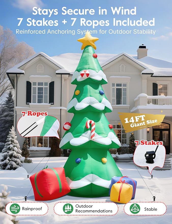 Dawdix 14FT Christmas Tree Inflatable Outdoor Decoration, Giant Christmas Inflatables Tree with 3 Gift Boxes, Lighted Christmas Decoration for Yard, Blow Up Xmas New Year Lawn Decor