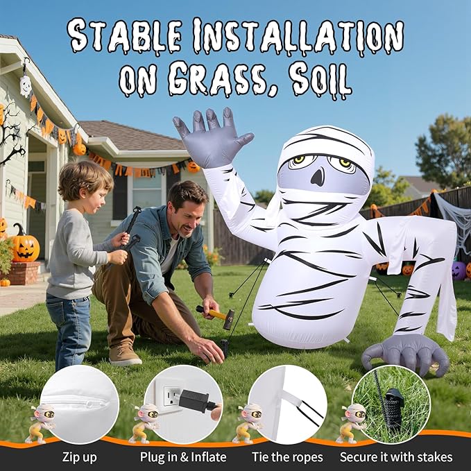 Dawdix 5.2FT Halloween Inflatable Mummy Outdoor Decorations Blow Up Yard Mummy Rising from Ground Decoration with Built-in LEDs for Halloween Party Indoor Outdoor Yard Garden Lawn Decor
