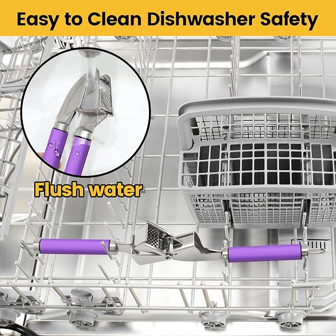 Garlic Press Mincer, 304 Stainless Steel Garlic Press with Garlic Peeler Tube, Heavy Duty Metal Ginger Press, Purple