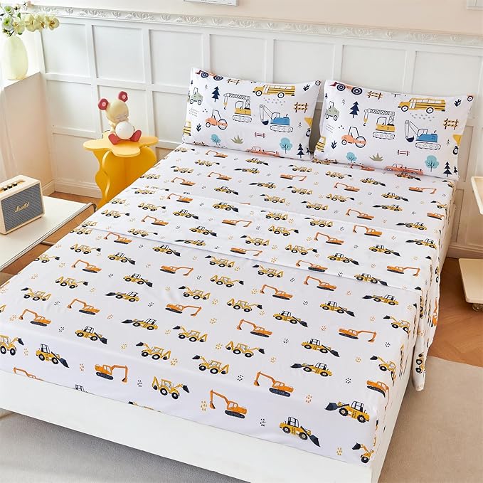 RYNGHIPY Full Sheets Set Kids Boys: Construction Excavator Bed Sheet Set for Toddler Children - Deep Pocket Wrinkle Free Bedding Set (White Yellow,Full)