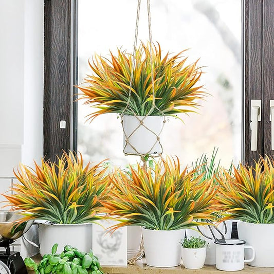 Artificial Fake Grass,12PCS Outdoor Faux Grasses Plastic Plants Greenery UV Resistant for Outside Home Windowbox Garden Office Patio Hanging Planter Front Porch Fall Décor (Yellow)