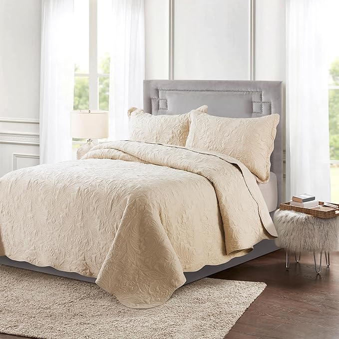 HoneiLife Quilt Set Queen Size - 3 Piece Embroidered Microfiber Bedspread Reversible Coverlet Lightweight Bedcover Paisley Pattern Bedding Set All Season Quilts-Khaki