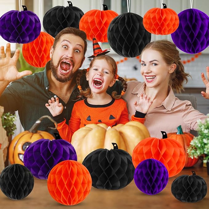 15Pcs Halloween Honeycomb Decorations, Orange Purple Black Pumpkin Paper Honeycomb Balls Halloween Hanging Ornaments for Party Favor Supplies