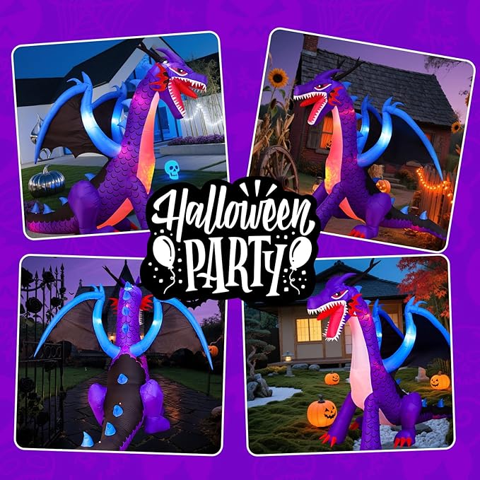 8FT Halloween Inflatables Dragon Decorations with Built-in LED Lights, Blow Up Yard Decor for Halloween Outdoor Lawn Garden Holiday Party