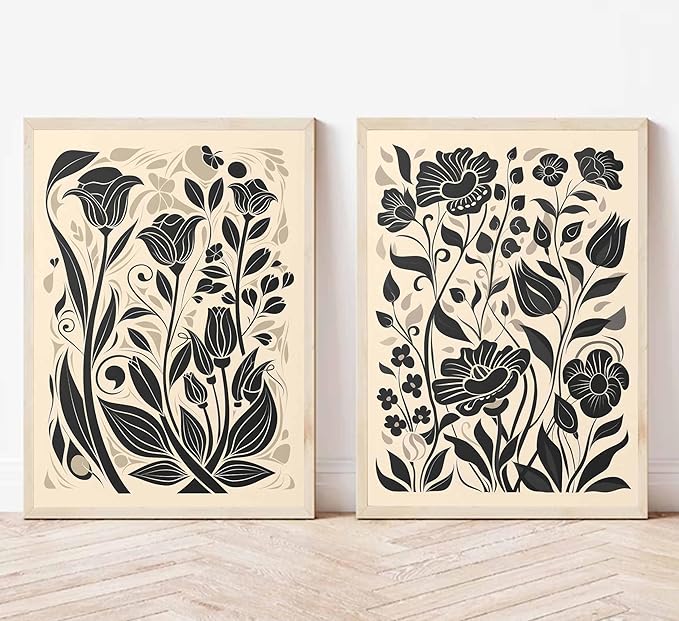 2 Pcs Boho Abstract Floral Canvas Wall Art Modern Minimalist Neutral Beige and Black Floral Botanical Wall Decor Poster Print Artwork for Living Room Bedroom Office Home Decoration Unframed
