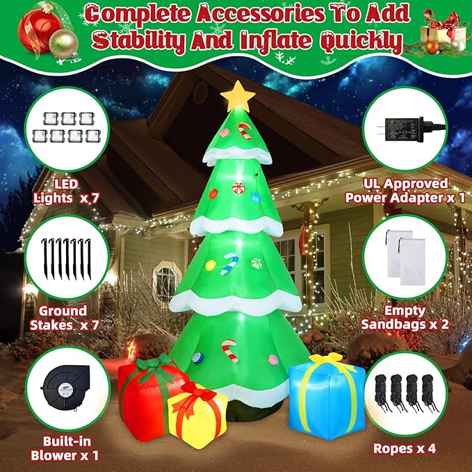B&D 10FT Giant Inflatable Christmas Tree with Gift Box, Built-in LEDs - Outdoor Decoration for Holiday Party & Garden Lawn