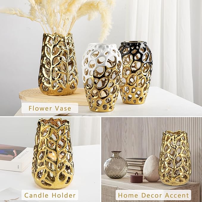 Gold Vases for Centerpieces, Coral Openwork Ceramic Flower Vase 9" Hollowed Decorative Pampas Grass Vase Gold Table Decor for Home Living Room Dinner Room Bedroom Office Wedding