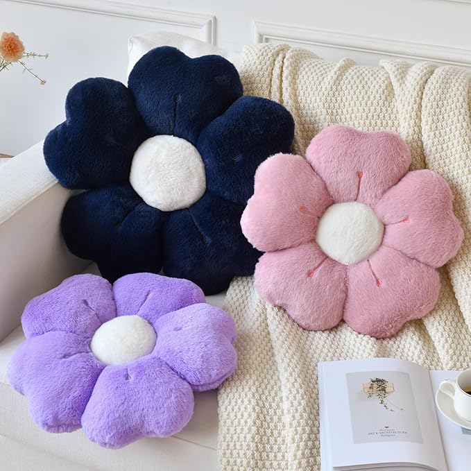 Flower Pillow, Flower Shaped Pillow Decorative Throw Pillows for Bed Couch, Cute Daisy Pillow Dorm Decor Floor Seating Cushion (Dark Purple, 15 Inches)