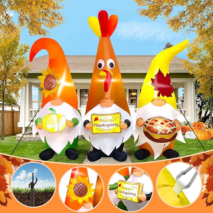 7FT Thanksgiving Day Inflatable with LED Light, Kalolary Thanksgiving Three Gnome Inflatable Fall Harvest Outdoor Decoration Thanksgiving Yard Blow up Inflatable for Lawn Home Holiday Autumn Party