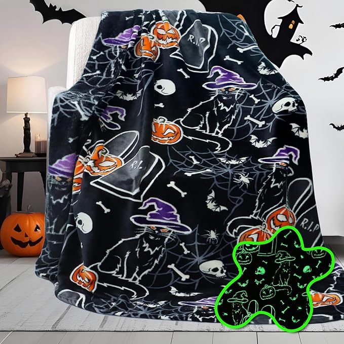 Halloween Throw Blankets Glow in The Dark Blanket Black Cat and Pumpkin Blanket for Women 50"x60"