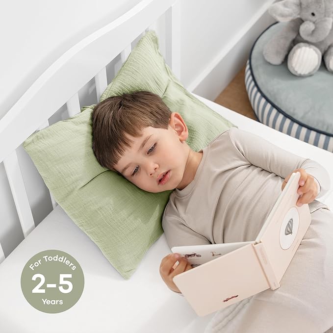 Comfy Cubs Toddler Pillow with Soft Muslin Pillowcase, 13"x18", Sage - Kids Pillow for Sleeping & Travel - Adorable & Comfortable Small Pillow - Kids Travel Pillow with Breathable Microfiber Fill