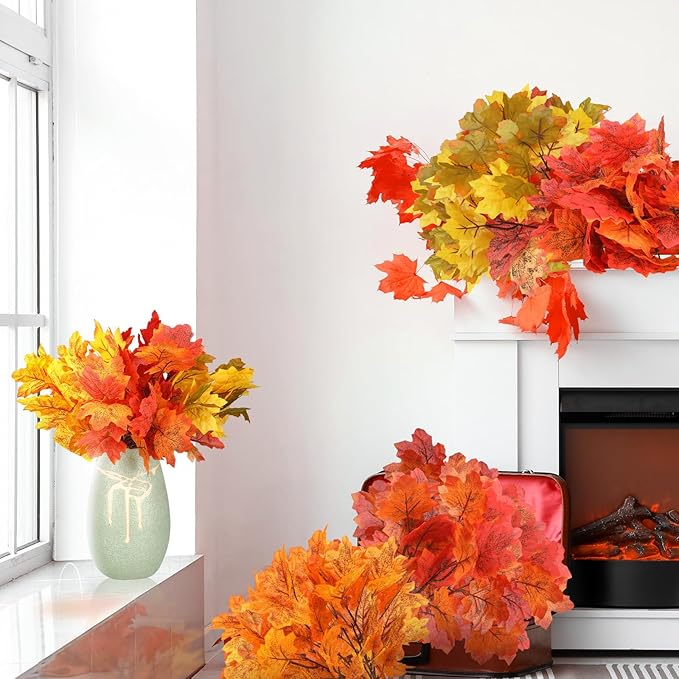 Tigeen 8 Pack Fall Leaves Decor Artificial Maple Leaves Stems Branches Faux Fall Fake Autumn Leave for Thanksgiving Table Centerpieces Decoration