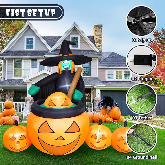 7 FT Tall Halloween Inflatables Witch Pumpkin Pot Outdoor Decorations Blow Up Yard with Built-in LEDs for Lawn Garden Holiday Indoor Party Decor