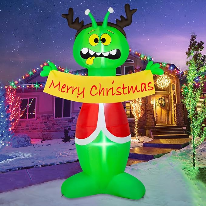 8FT Christmas Inflatable Outdoor Decoration, Inflatable Alien Christmas Blow Up Yard Decorations with Built-in LEDs Inflatable Xmas Decorations for Party Garden Yard Lawn Decor
