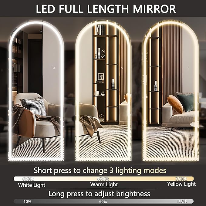 Hasipu 75" x 28" Led Mirror Full Length, Full Length Mirror with Lights Arch Design,Tempered Glass,Shatter-Proof, Dimming & 3 Color Modes for Bedroom Cloakroom-UL