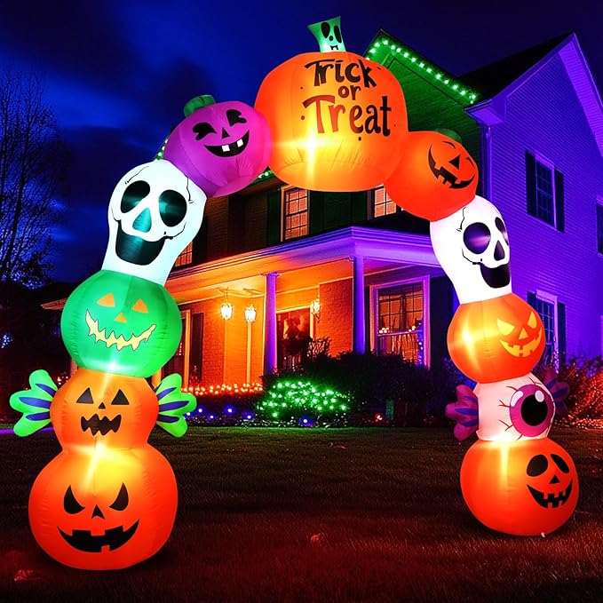 10FT Halloween Inflatables Pumpkin Skeleton Archway with Built-in LED Lights – Blow Up Yard Decoration with Candy Pumpkins for Indoor Outdoor Lawn Garden