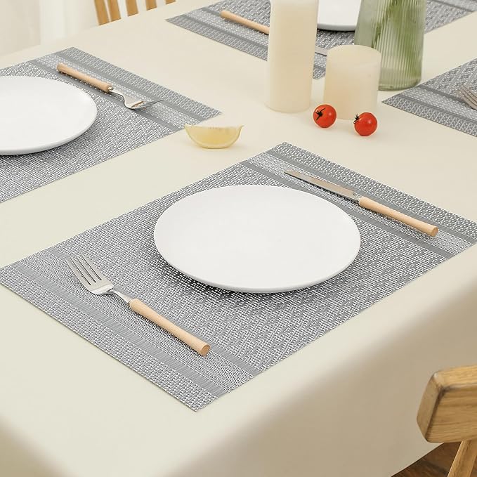Leetaltree Lunar Grey Placemats Set of 12 - Heat Resistant Non-Slip Place mats for Dining Table, Washable Durable PVC Vinyl Woven Table Mats(Lunar Grey, 12)