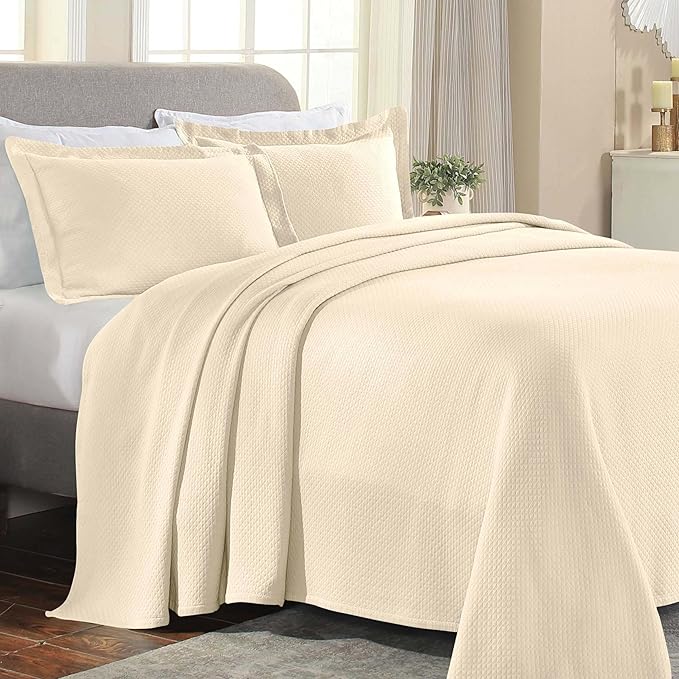 Superior Solitaire Cotton 3 Piece Bedspread Set, Home Bed Decor, Decorative Textured Bed Spread, 2 Pillow Shams, Airy Blanket, Matelasse Coverlet Bedding, All-Season Accent Blanket, Full, Ivory