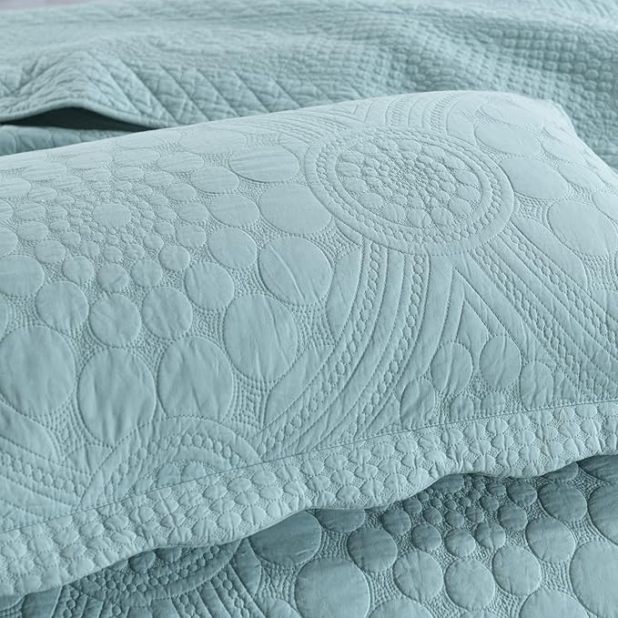 MarCielo 3-Piece 100% Cotton Oversized Bedspread Lightweight Quilt Coverlet Embroidery Farmhouse Bedding (Tf Aruba Blue, Oversized Queen (100"x106"))