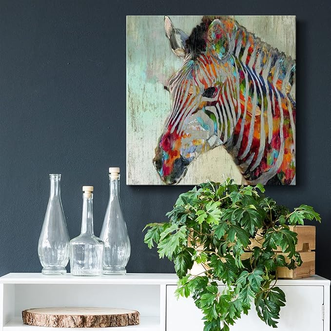 Renditions Gallery Cute Animals Artwork Abstract Colorful Painting Wall Art on Canvas, Paint Splash Zebra Wall Art, Ready to Hang, 10'' x 10'' AZS-WC25-16315-R-1010-SC