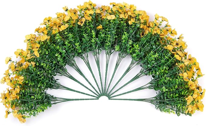 Artificial Fake Fall Yellow Mums Flowers Plants for Outdoor Outside, 12 Bundles Autumn Faux Silk Daisy UV Resistant Realistic for Porch Patio Home Window Box Yard Garden Planter