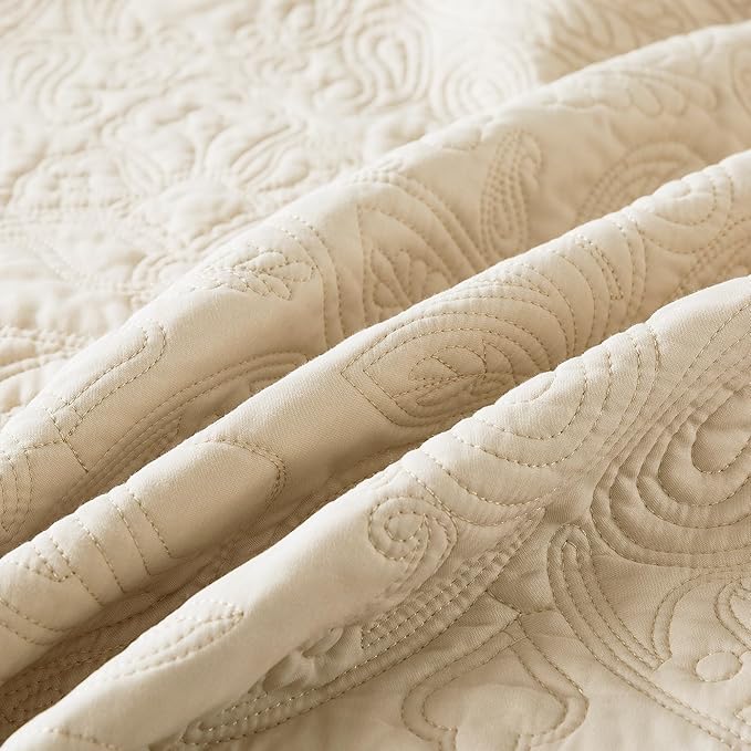 HoneiLife Quilt Set Queen Size - 3 Piece Embroidered Microfiber Bedspread Reversible Coverlet Lightweight Bedcover Paisley Pattern Bedding Set All Season Quilts-Khaki