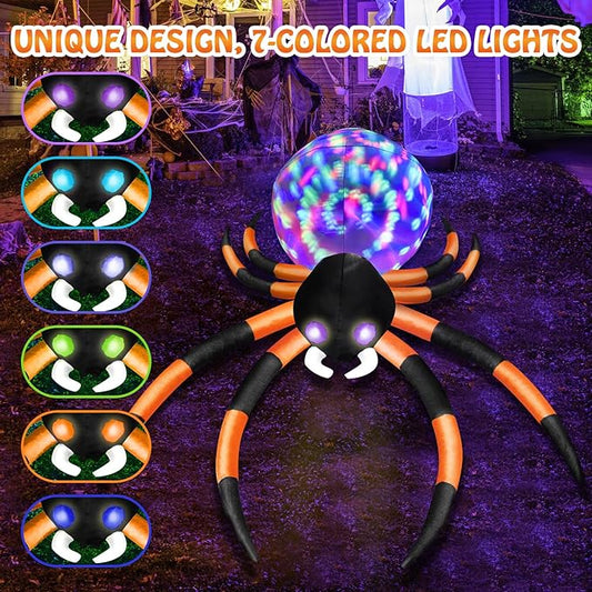 12Ft Halloween Inflatables Spider with 7-Colors Changing LED Lights, Decorations Outdoor Rotating Lights & Glowing Eyes, Large Creepy Props for Yard Garden Decor Orange