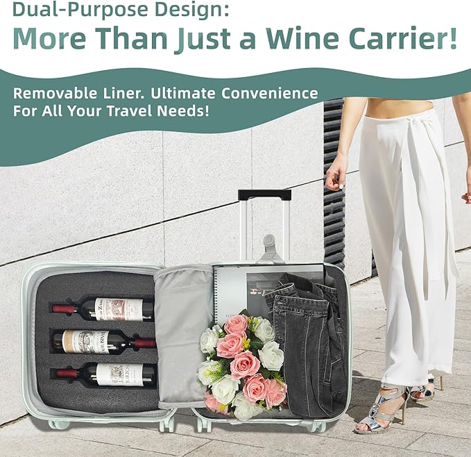 Wine Suitcase, 6 Bottle Wine Luggage, Durable Wine Travel Case, Fly With Wine Suitcase with TSA Lock, Versatile Wine Carrier with Removable Inserts and Silent Spinner WheelsïŒMintïŒ