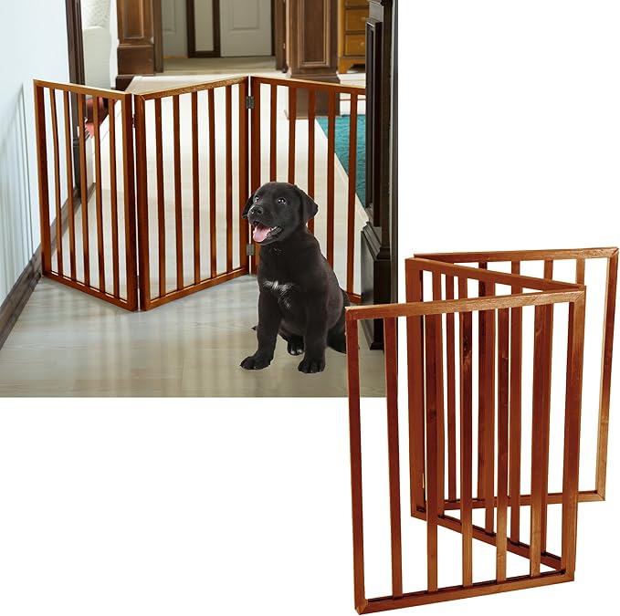 Pet Gate - 3-Panel Indoor Foldable Dog Fence for Stairs or Doorways - 54x24-Inch Retractable Wood Freestanding Dog Gates by PETMAKER (Mahogany)