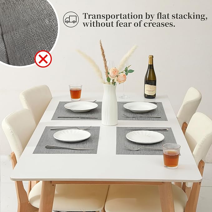 Leetaltree Grey Placemats, Heat Resistant Non-Slip Place mats for Dining Table, Washable Durable PVC Vinyl Woven Table Mats (Set of 16)