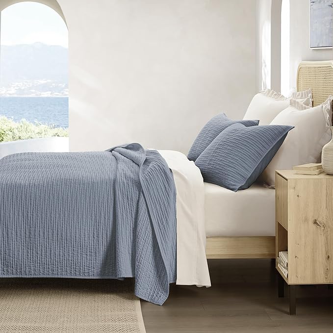 Wonderful Linen Cotton Quilt Set Queen Size, 100% Cotton Back and Filling, 3 Piece Pre-Washed Blue Bedding Cover, Wave Stitched Bedspread Coverlet Bedding Set 3-Piece for All Seasons, 94"x94"