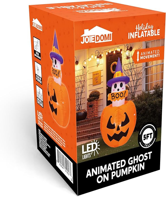 Joiedomi 5ft Tall Halloween Animated Inflatables Outdoor Decorations, Inflatable Ghost on Pumpkin with LEDs, Cute Blow Up Pumpkin Ghost Decor for Outside Yard Outdoor Lawn Garden Party Decoration