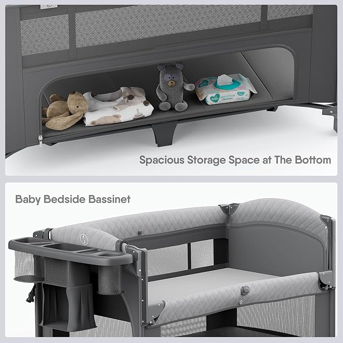 4 in 1 Baby Bassinet, Pack and Play, Bedside Crib Sleeper, Diaper Changer - Comes with Mattress, Mosquito Net,Bottom Storage and Toy Bar for Newborn to Toddles