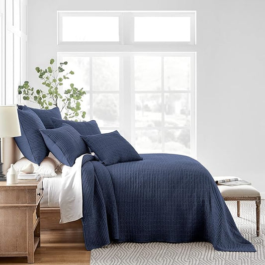 Levtex Home Mills Waffle Twin Bedspread Set (84x104in) with 1 Pillow Sham (26x20in) - Navy - 100% Cotton Twin Size Bedspread Set - Lightweight, Soft, Pre-Washed