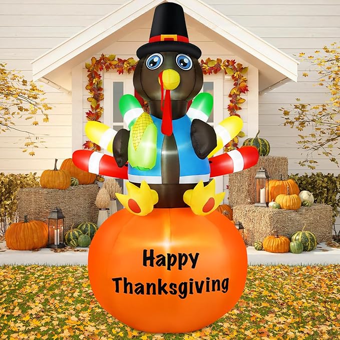 B&D 8FT Thanksgiving Inflatables Turkey Sitting on Pumpkin, Blow up Turkey Thanksgiving Decorations Outdoor Built-in LEDs Autumn Fall Harvest Decorations for Holiday Yard Lawn Garden Patio Decor