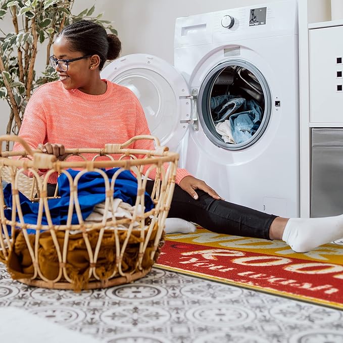 Machine Washable Bubbles Design Laundry Room Rug Non-Slip Rubberback 2x5 Laundry Runner Rug for Laundry Room, Bathroom, Washroom, 20" x 59", Red/Yellow