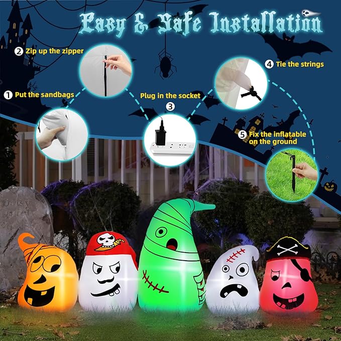 B&D 8FT Long Halloween Inflatables Ghost Outdoor Decorations, 5 Pirate Ghosts Inflatable Halloween Decorations with Color Changing RGB Lights Halloween Blow Ups for Party, Garden, Yard, Lawn Decor