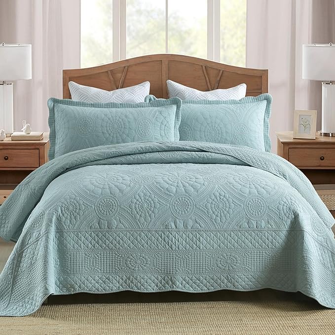 MarCielo 3-Piece 100% Cotton Oversized Bedspread Lightweight Quilt Coverlet Embroidery Farmhouse Bedding (Tf Aruba Blue, Oversized Queen (100"x106"))