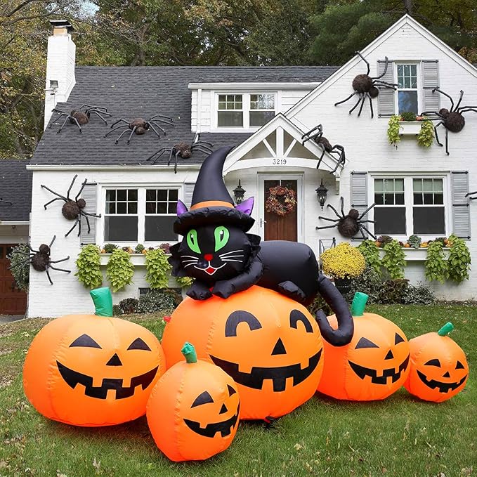 5FT Halloween Inflatable Pumpkin Outdoor Decoration, Lighted Blow Up Yard Decor, 5PCS Pumpkins with Witchâs Black Cat Built-in LED Lights for Balcony Home Holiday Party Lawn Patio Outside Events Prop
