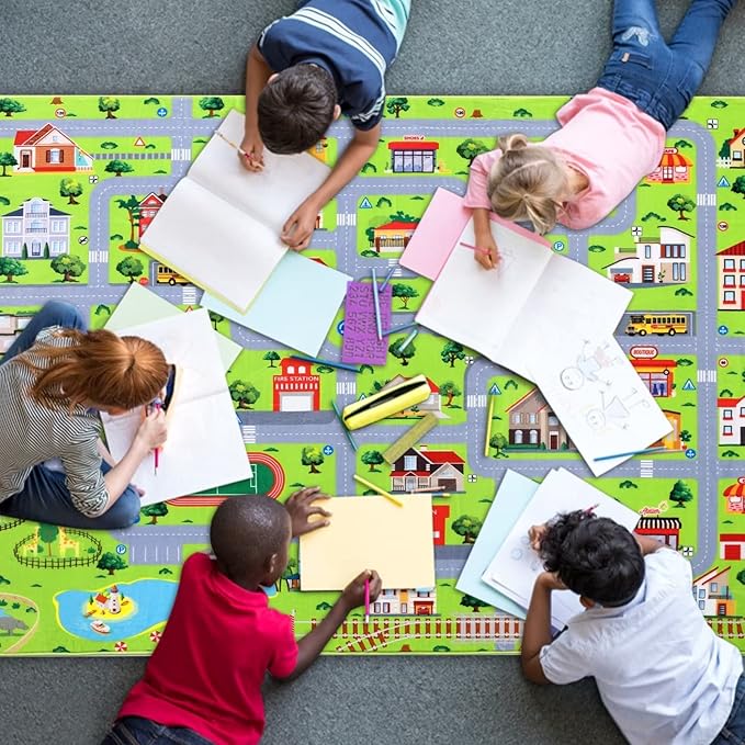 Kids Playmat Car Rug, City Life Fun Carpet Educational Car Rugs for Kids Play with Cars and Toys Road Traffic Play Mat for Bedroom Playroom Classroom Soft Large Area Rug, 8x10 ft, Grey Streets