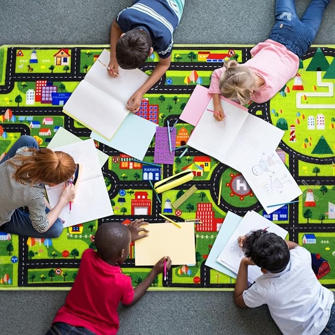 Kids Playmat Car Rug, City Life Fun Carpet Educational Car Rugs for Kids Play with Cars and Toys Road Traffic Play Mat for Bedroom Playroom Classroom Soft Large Area Rug, 8x10 ft Black Streets