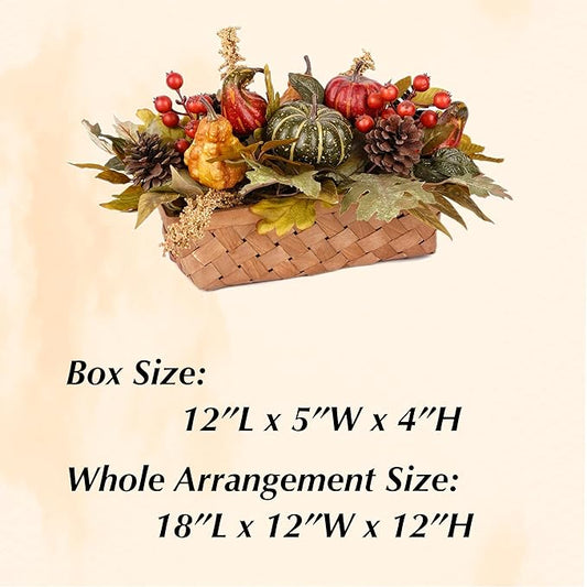 Fall Decor - Faux Pumpkins, Pine Cones, Berries and Maple Leaves in Rectangular Woven Basket for Table Centerpiece, Shelf, Mantel - Autumn Thanksgiving Arrangement for Home Indoor Outdoor - 14" Long