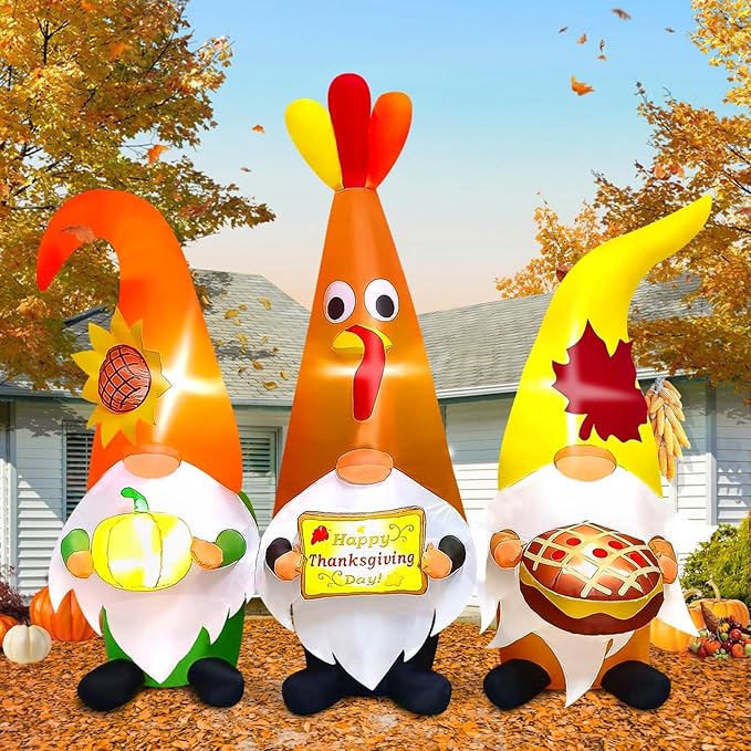 7FT Thanksgiving Day Inflatable with LED Light, Kalolary Thanksgiving Three Gnome Inflatable Fall Harvest Outdoor Decoration Thanksgiving Yard Blow up Inflatable for Lawn Home Holiday Autumn Party